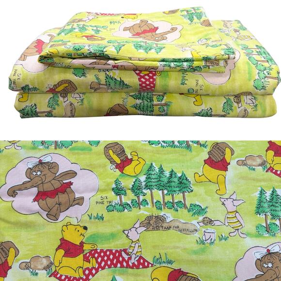 Vintage Curtains Winnie the Pooh Piglet Heffalump Set of 2 Drapes Fabric Yellow - Picture 1 of 6